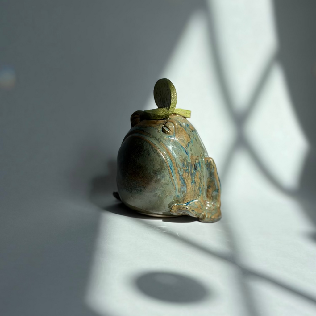 A small decorative ceramic frog figurine with a green lid and blue-green glazed body, photographed on a gray surface with dramatic window-light shadows.