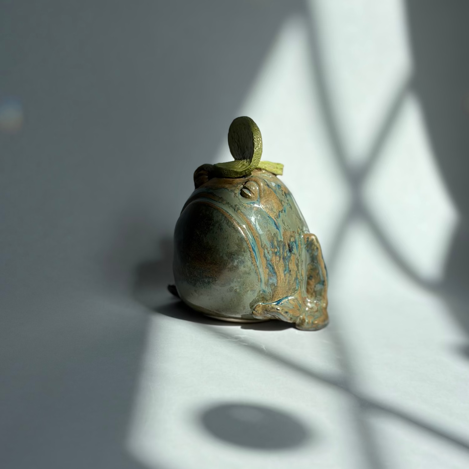 A small decorative ceramic frog figurine with a green lid and blue-green glazed body, photographed on a gray surface with dramatic window-light shadows.