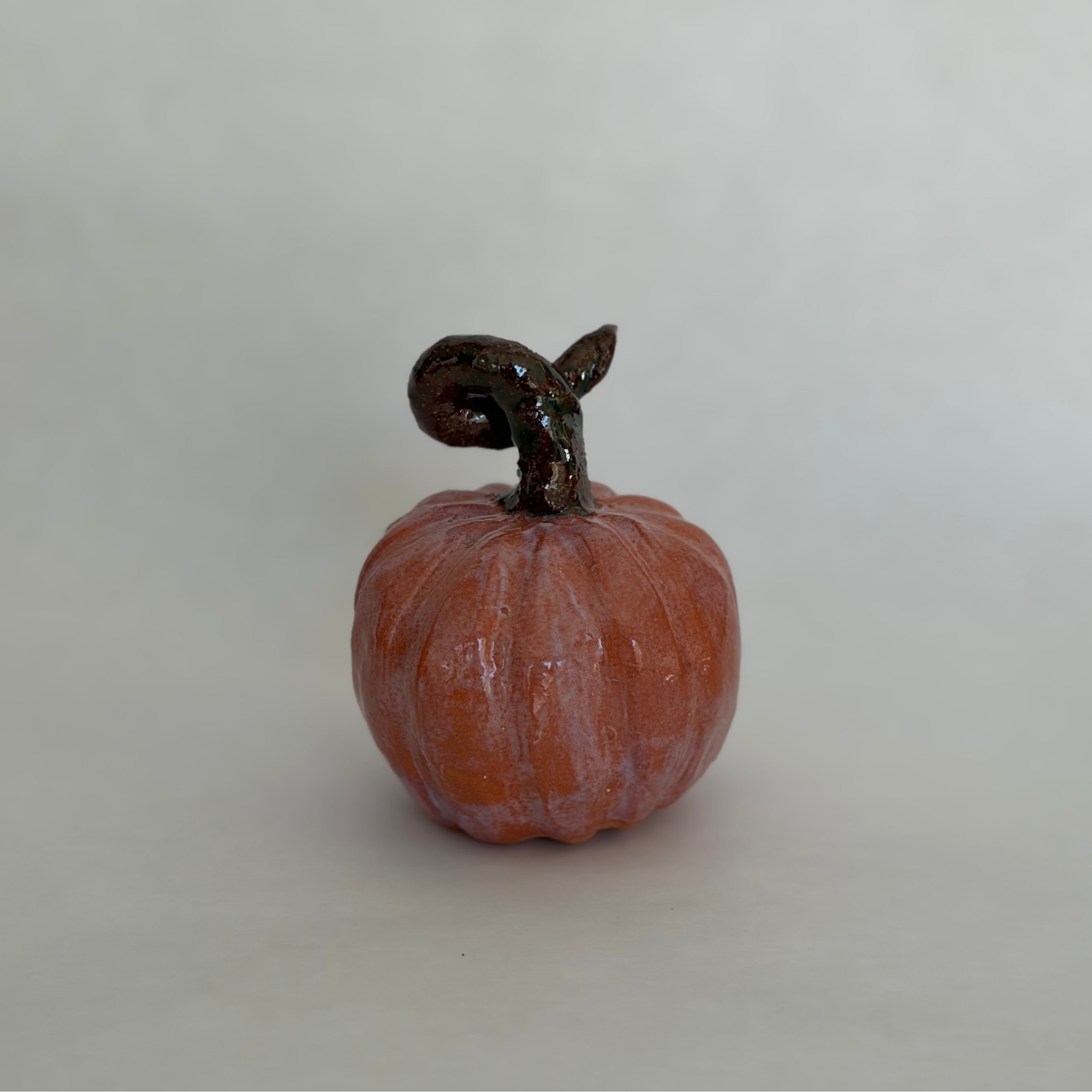 Single blush-pink ceramic pumpkin with a dark twisted stem and leaf detail, on a white background
