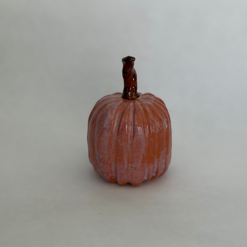 Single terracotta-blush ceramic pumpkin with a tall dark stem, photographed on a plain white background
