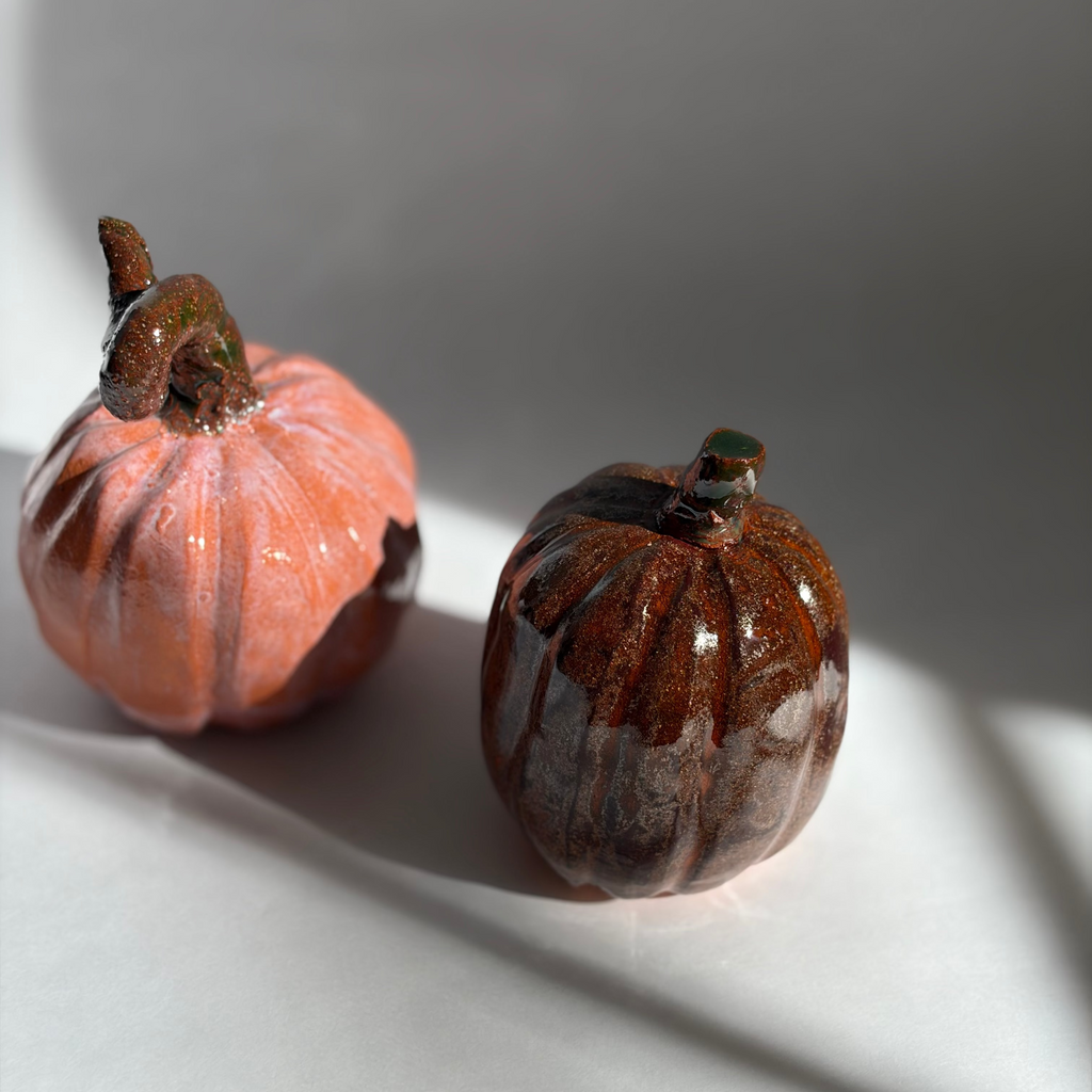 Two ceramic pumpkins — blush pink and dark brown — nestled together in warm directional light, casting soft shadows
